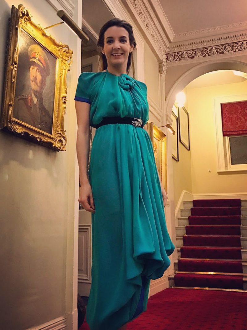 H.R.H. Princess Tessy of Luxembourg in the MŁ Custom Emerald and Sapphire Cocktail Dress ready to meet Her Majesty The Queen at Buckingham Palace