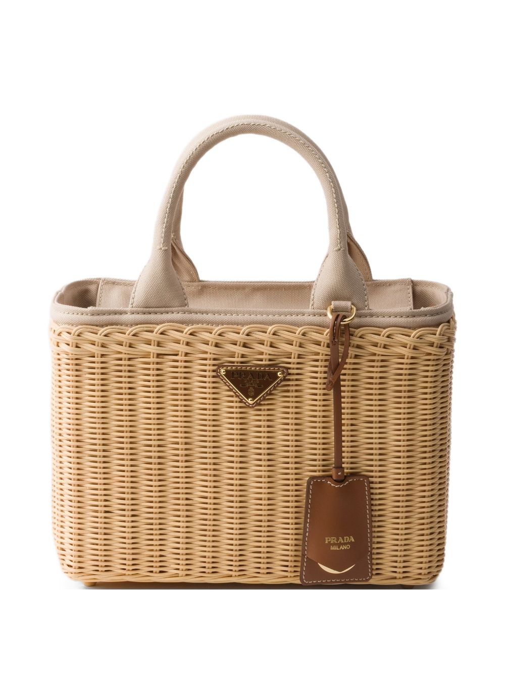 Prada wicker and canvas tote bag in a warm natural tone
