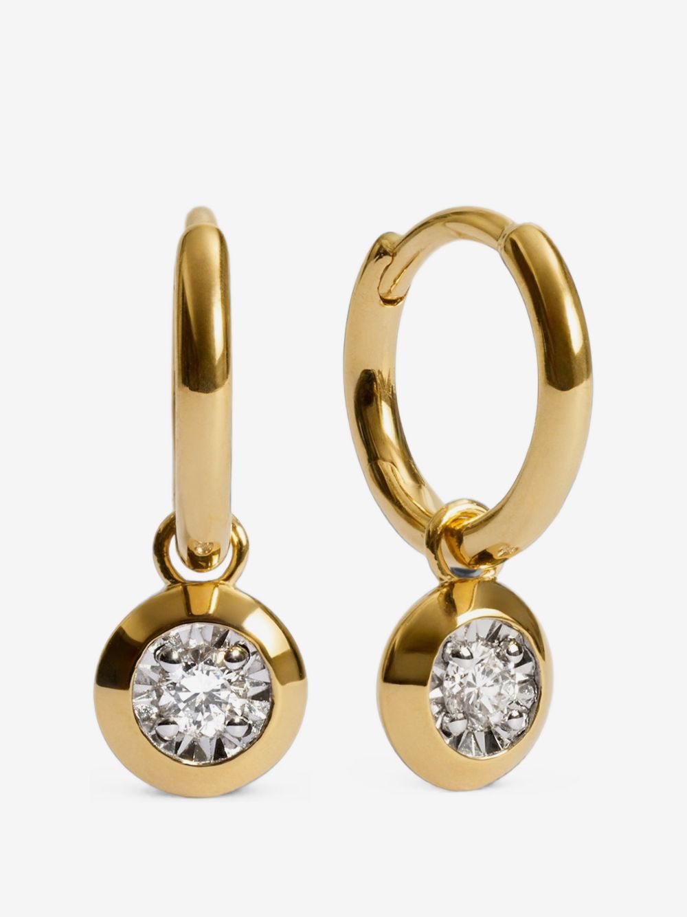 Monica Vinader gold hoop earrings with oval diamond pendants