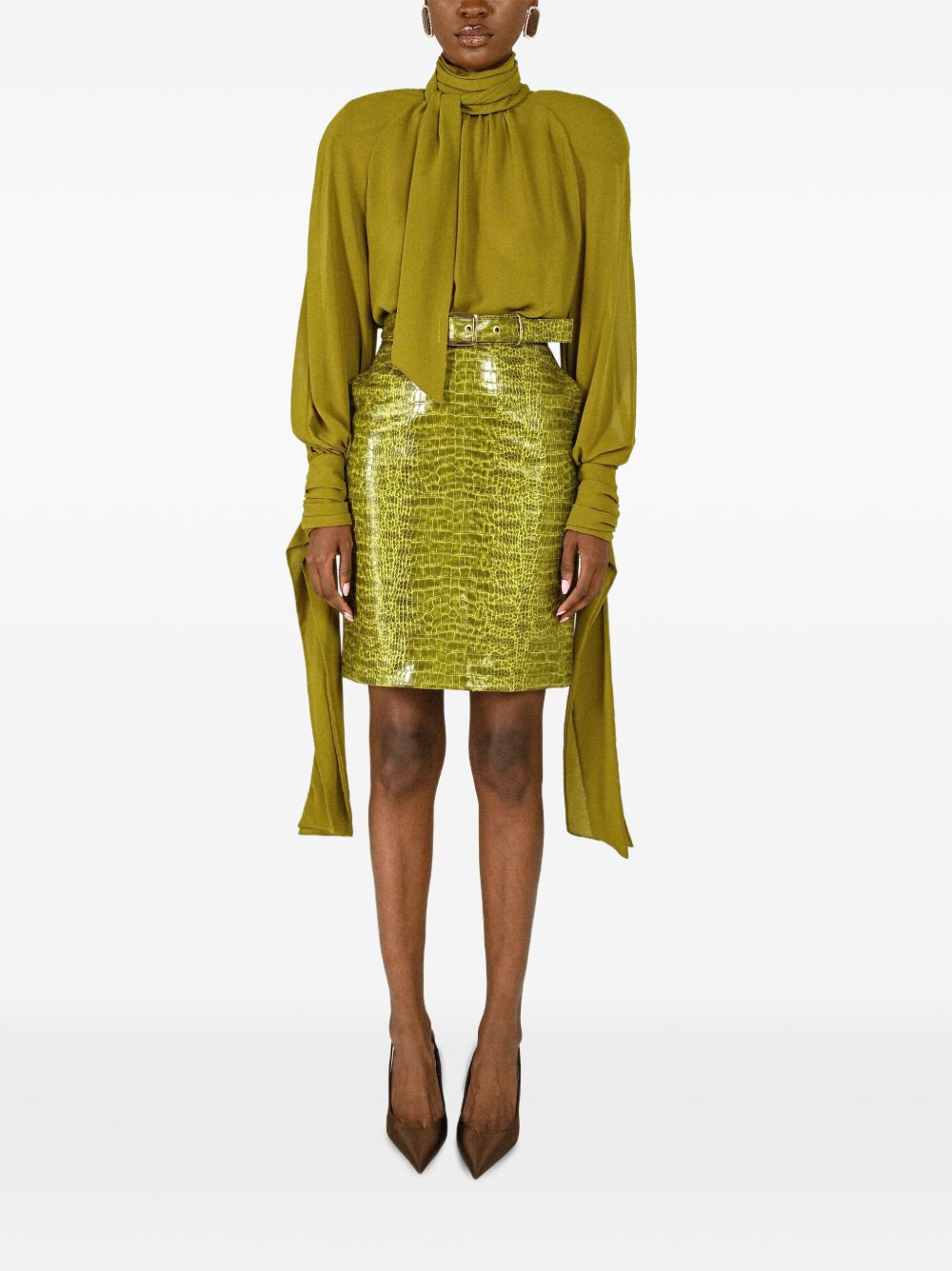 Rowen Rose croc-effect mini skirt styled look