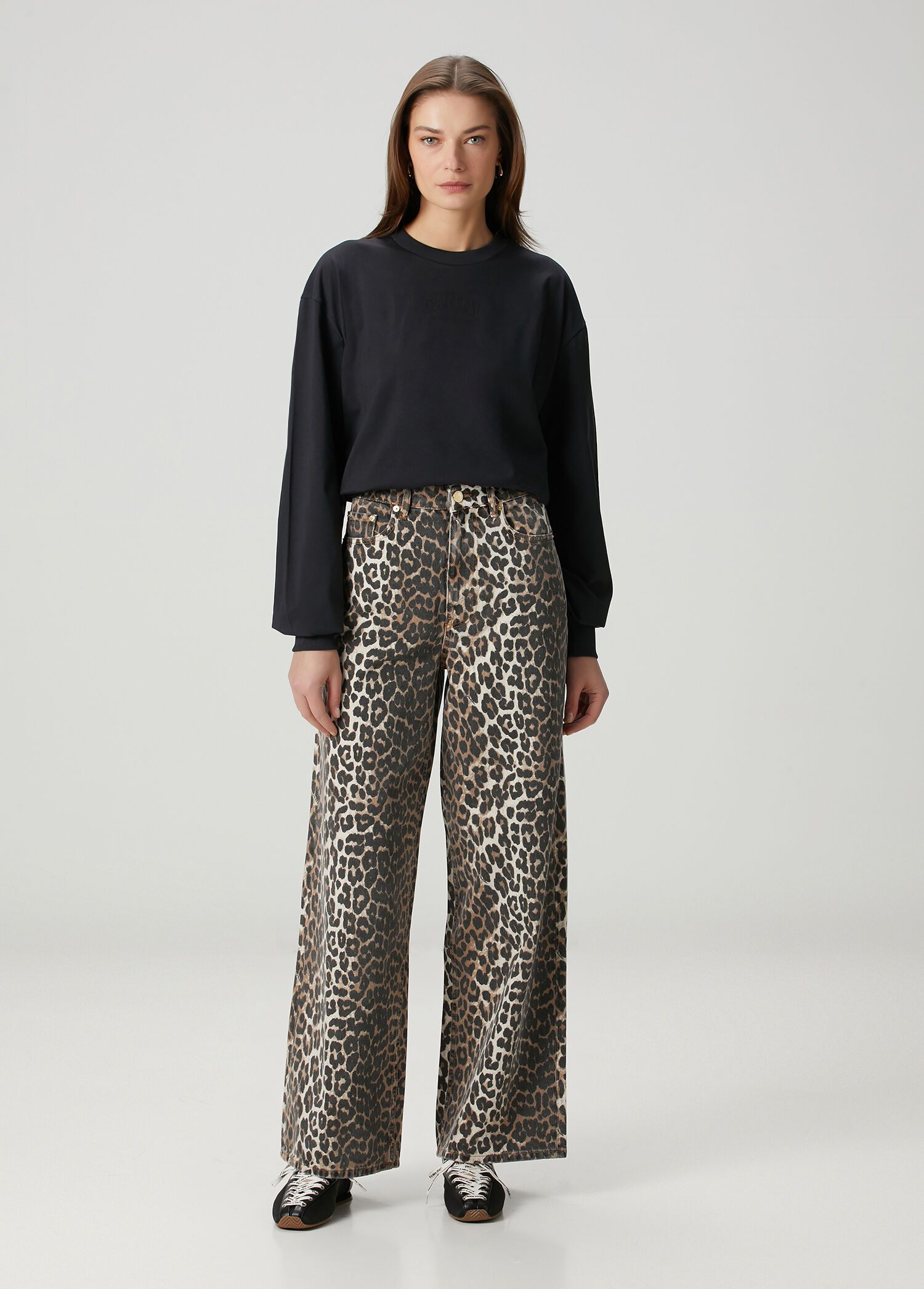GANNI Lari leopard-print jeans styled on model
