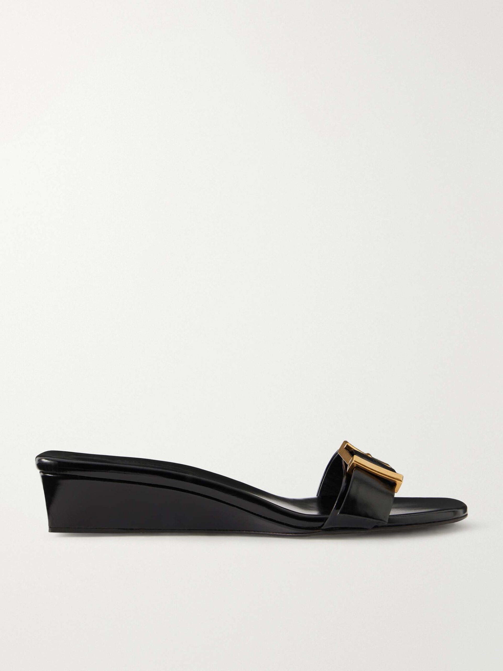 KHAITE Manhattan buckle-detail black wedge sandals at FARFETCH
