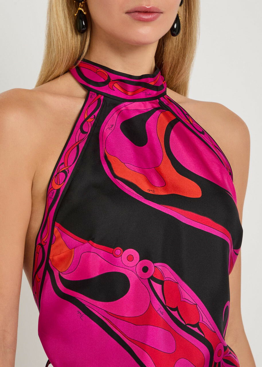 PUCCI fuchsia and black printed silk halterneck top detail