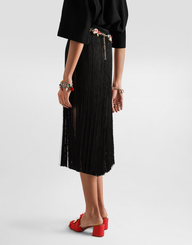 Dolce and Gabbana long black fringed satin skirt with double layers of fringe