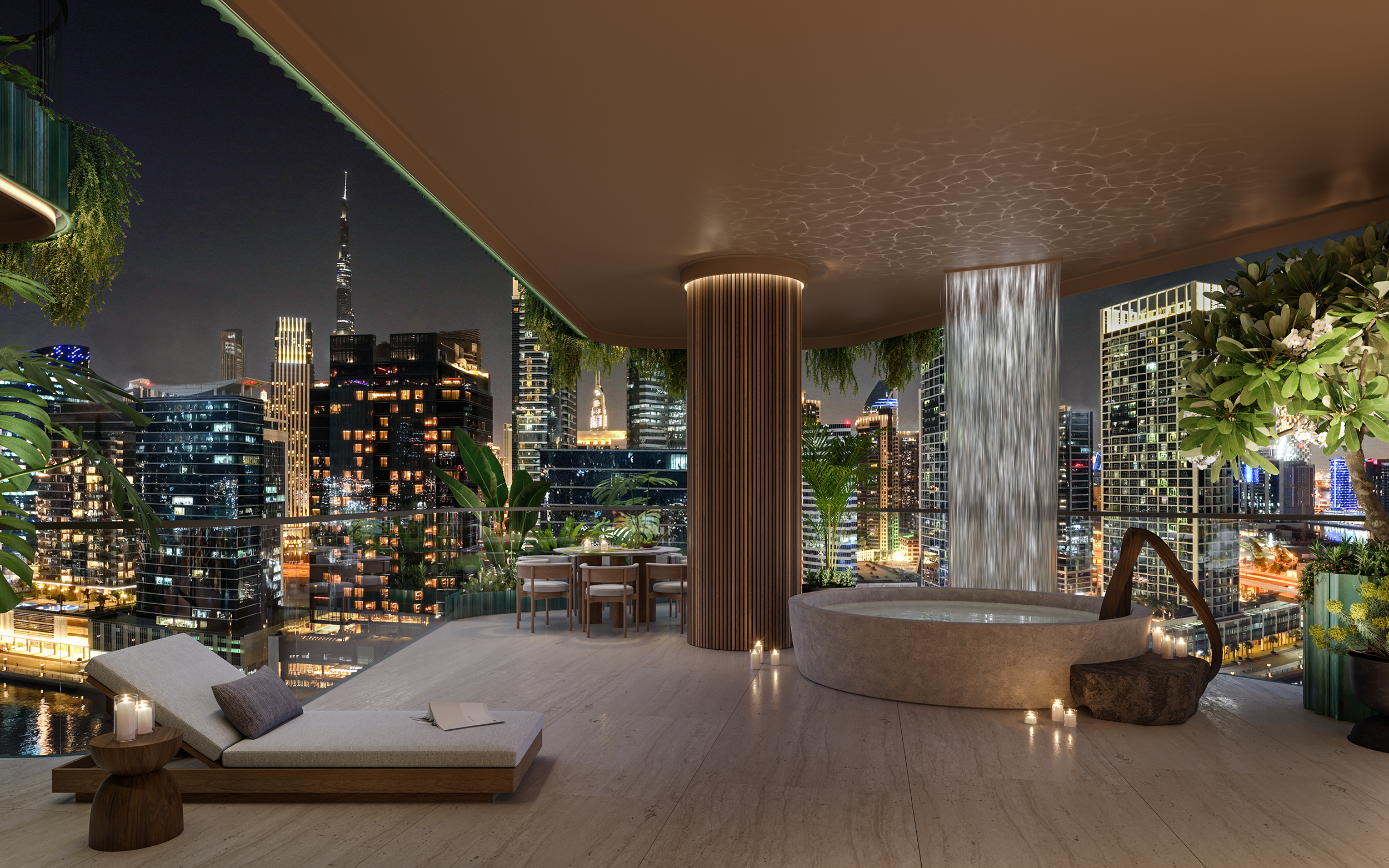 EYWA Tree of Life — panoramic nighttime terrace visualisation