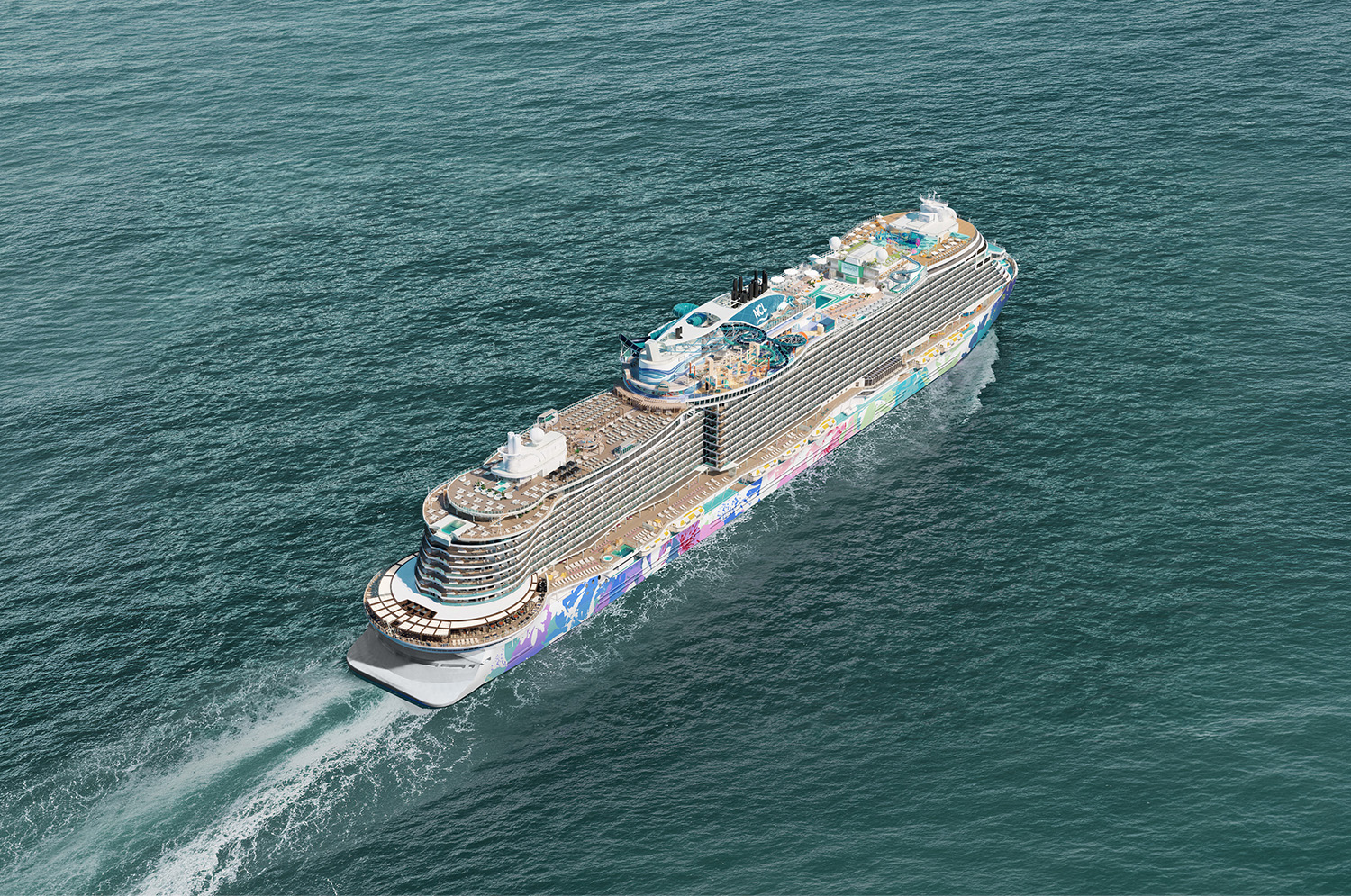 Norwegian Bella aerial rendering showing contemporary botanical hull artwork by George Rose