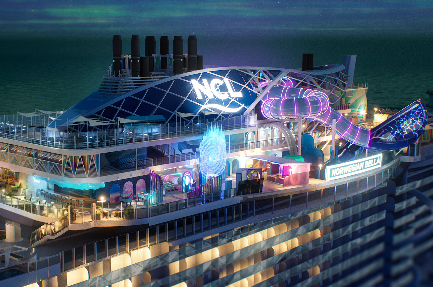 Ocean Heights illuminated at night on Norwegian Bella
