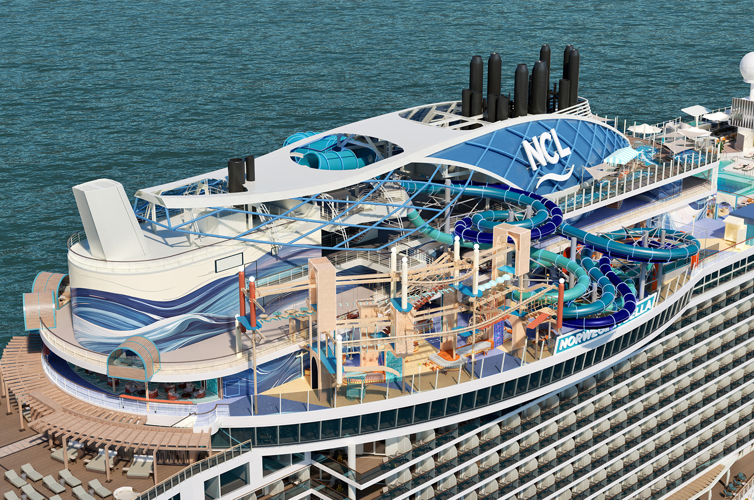 Ocean Heights outdoor activity decks on Norwegian Bella in daylight