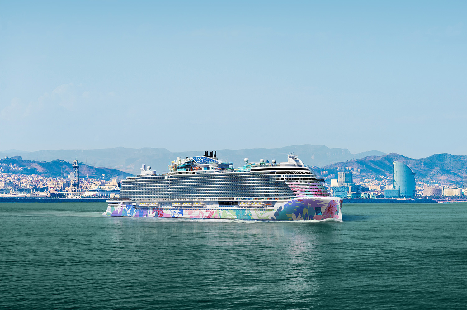 Norwegian Bella official rendering in Barcelona ahead of its 2028 Mediterranean season