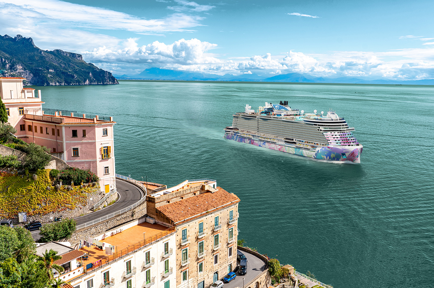 Norwegian Bella depicted off Salerno on its Mediterranean itinerary