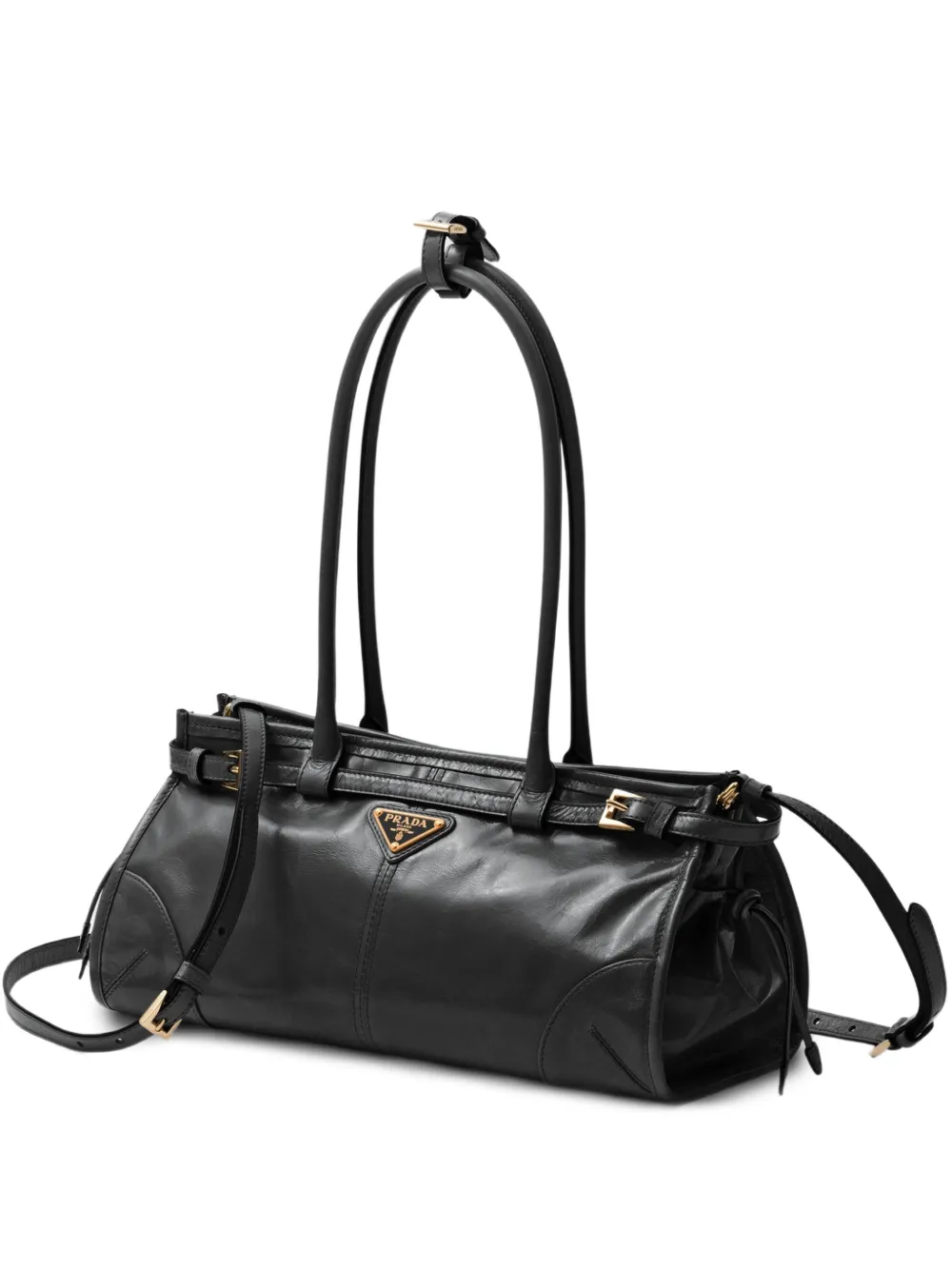 Prada Bonnie medium black leather handbag, front product photograph