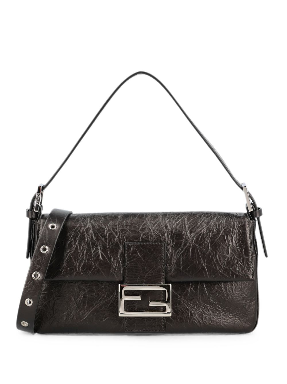 FENDI Baguette 26424 shoulder bag in black crackled leather with FF hardware