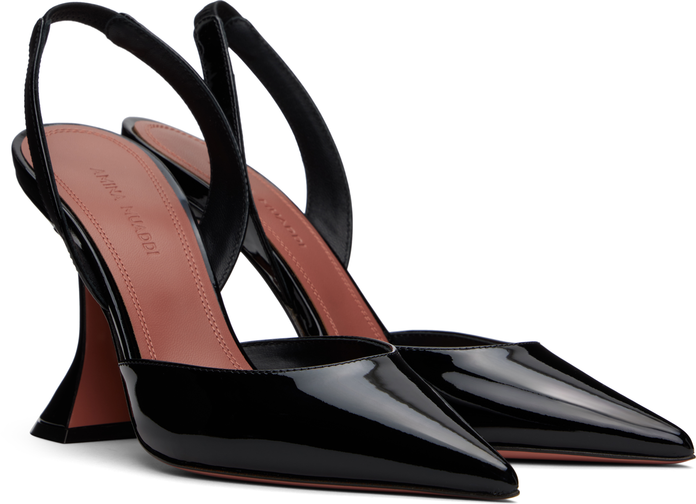 Amina Muaddi black patent-leather pointed-toe slingback pumps with sculptural heel