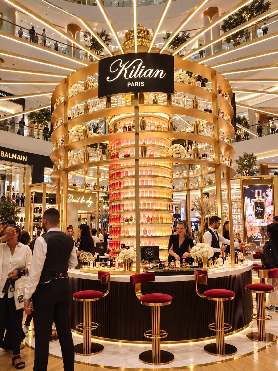 KILIAN PARIS Dubai Mall pop-up with golden fragrance bar and illuminated perfume displays