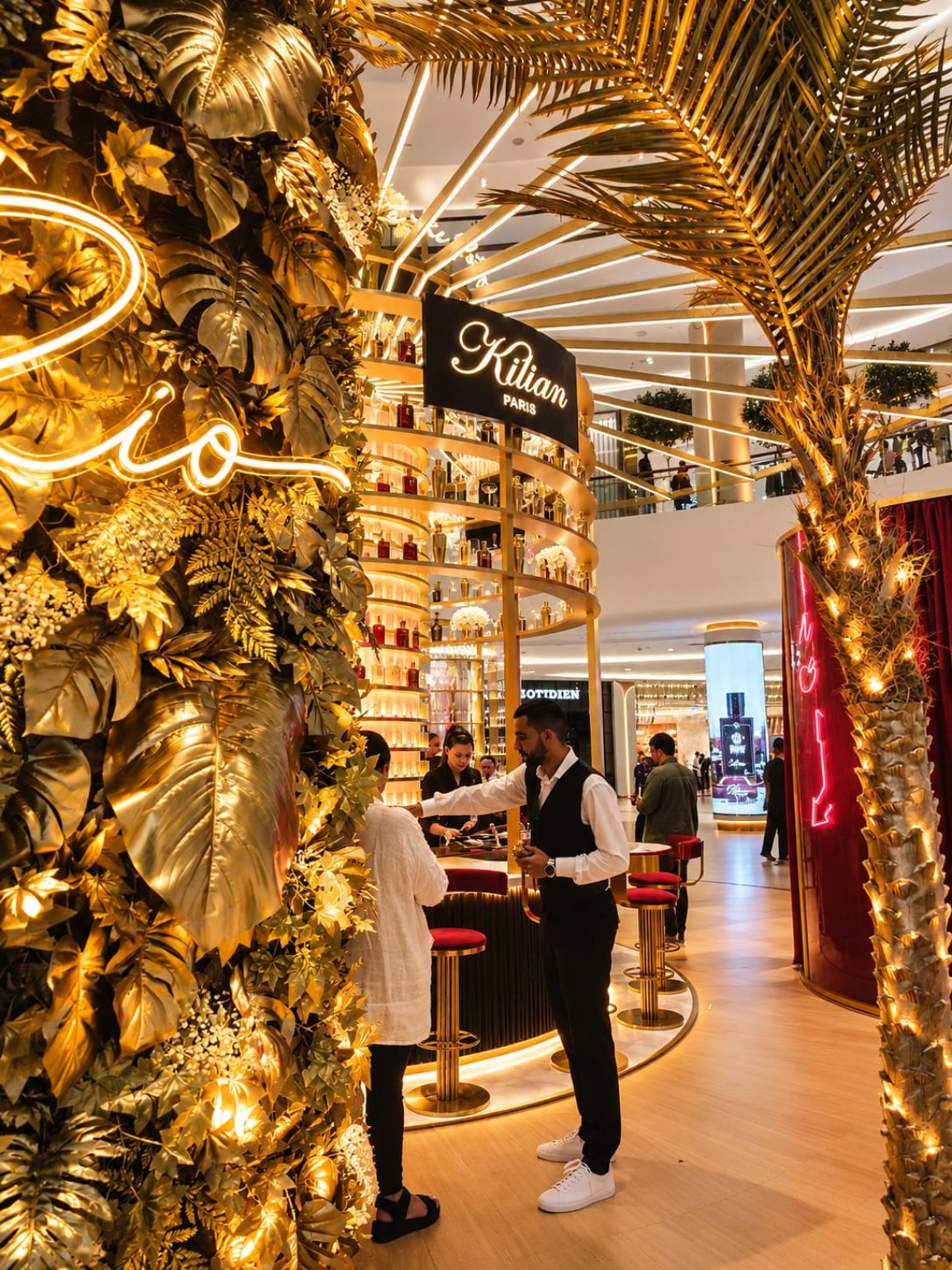 KILIAN PARIS illuminated signage and gold botanical installation inside The Dubai Mall