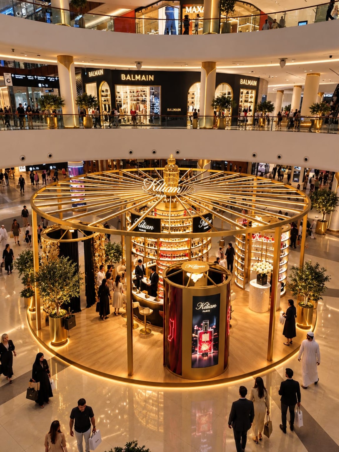 Elevated view of the circular golden KILIAN PARIS fragrance display at The Dubai Mall