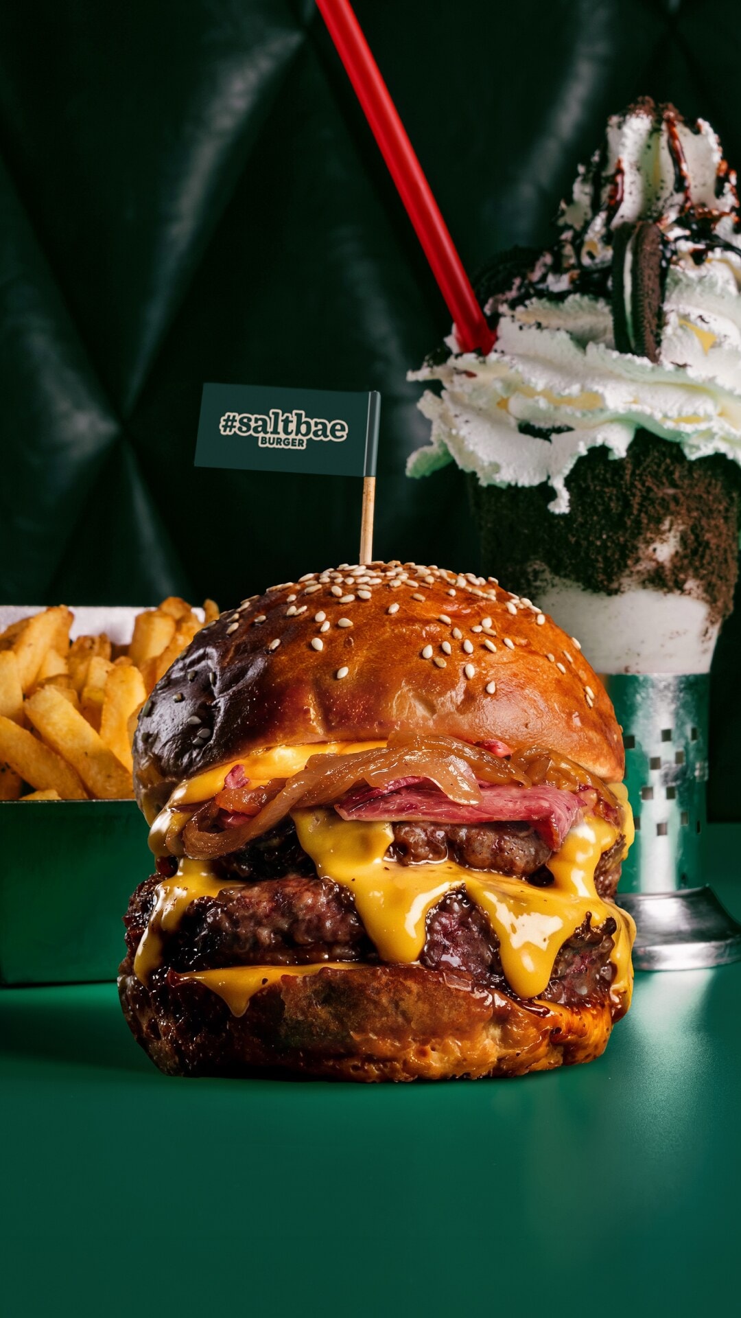 Official Saltbae Burger photography with burger, fries and milkshake